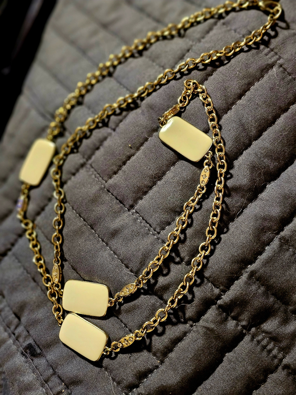 Ann Taylor Gold Chain Necklace with Cream Rectangular Enamel Panels